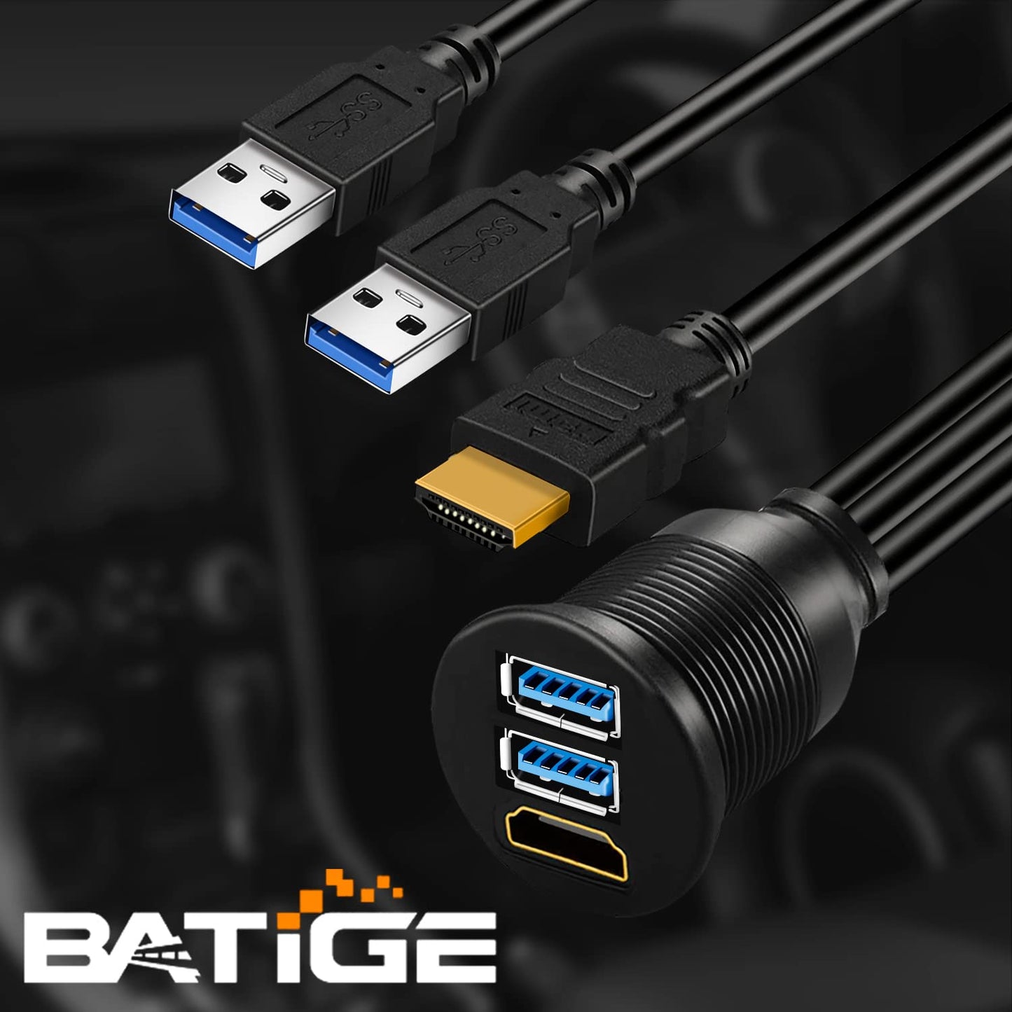 BATIGE Dual USB 3.0 & HDMI Male to Female Car USB Flush Mount Extension Cable USB 3.0 Dash Mount for Car Truck Boat Motorcycle - 3ft