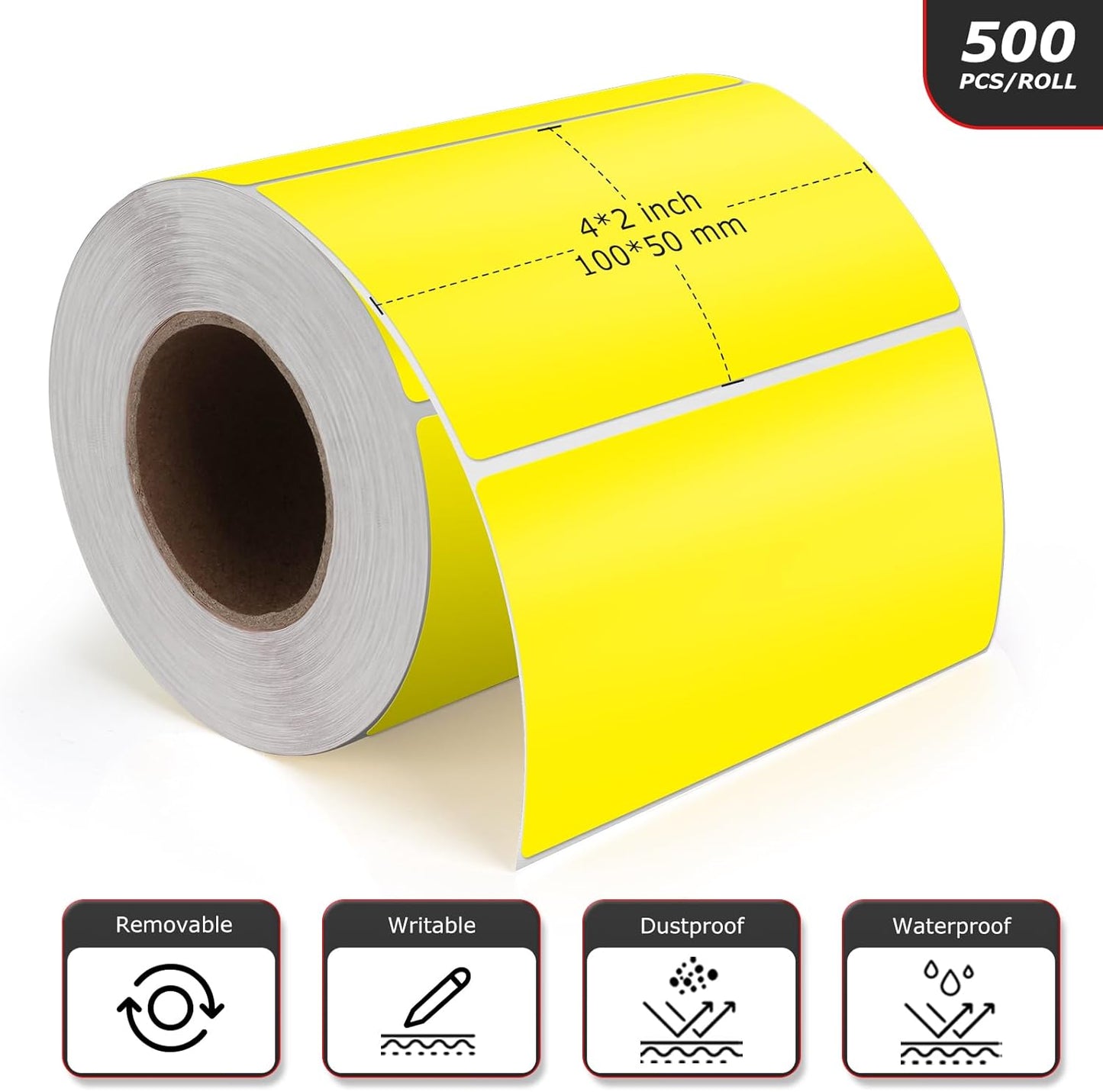 Yellow Rectangle Stickers 4 x 2 Inch Color Coding Labels Vinyl Roll Self-Adhesive Waterproof Removable 500 PCS
