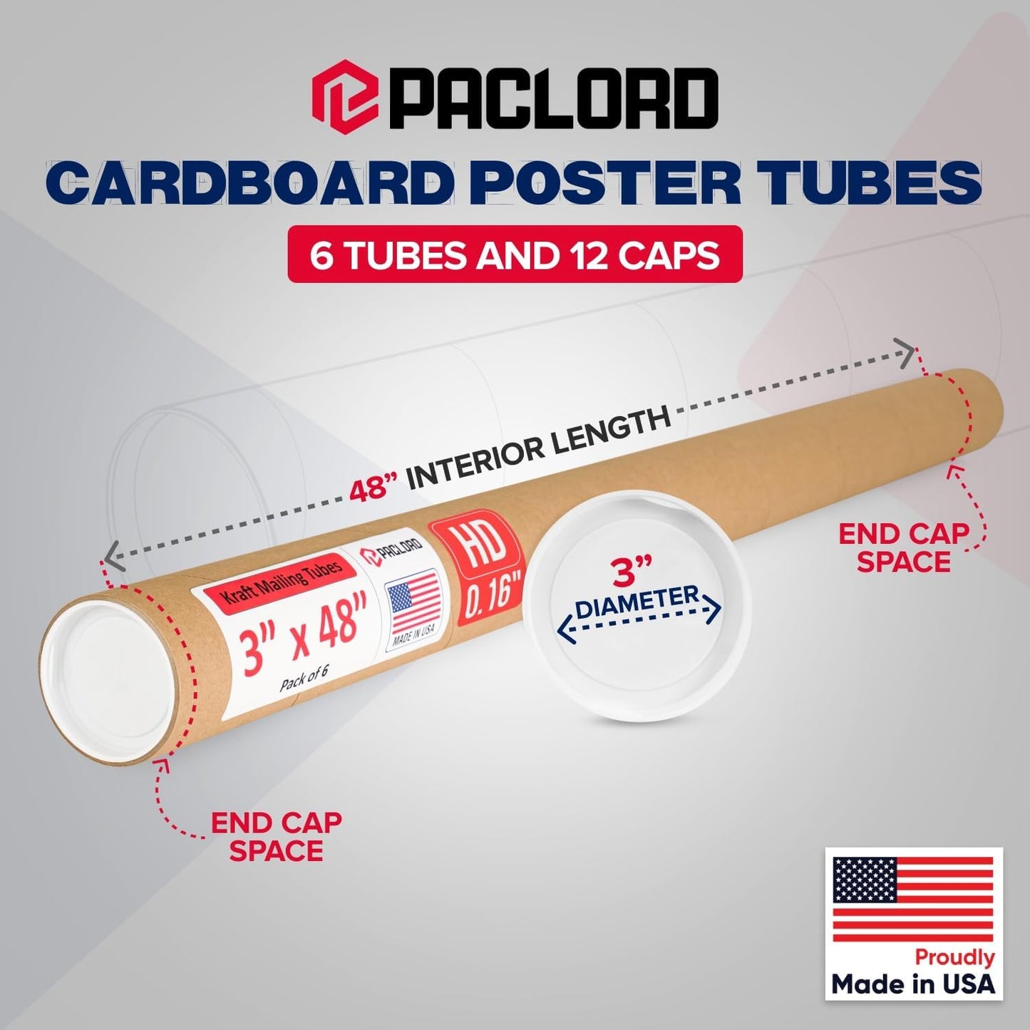 3" x 48" Heavy-Duty Reinforced Cardboard Mailing Tube, Pack of 6 Tubes with 12 Caps – Secure USPS Approved – Great for Shipping and Storing of Prints, Artwork, Posters or Documents