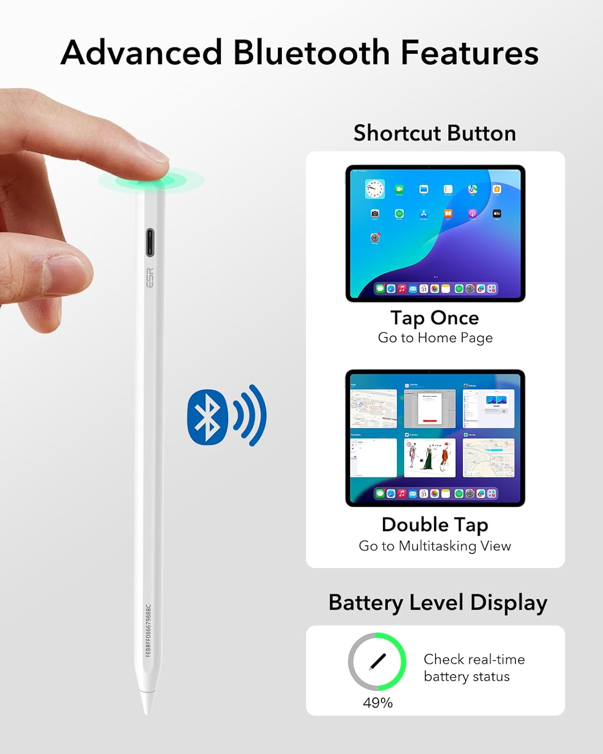 ESR Geo Digital iPad Pencil Findmy Compatible with Apple iPad 2018-2025,with Easy Shortcuts for Apple iPad A16/10/9/8 & Air 13/11 & Pro 12.9/13/11 & Mini 7/6/5,White(No Wireless Charging)
