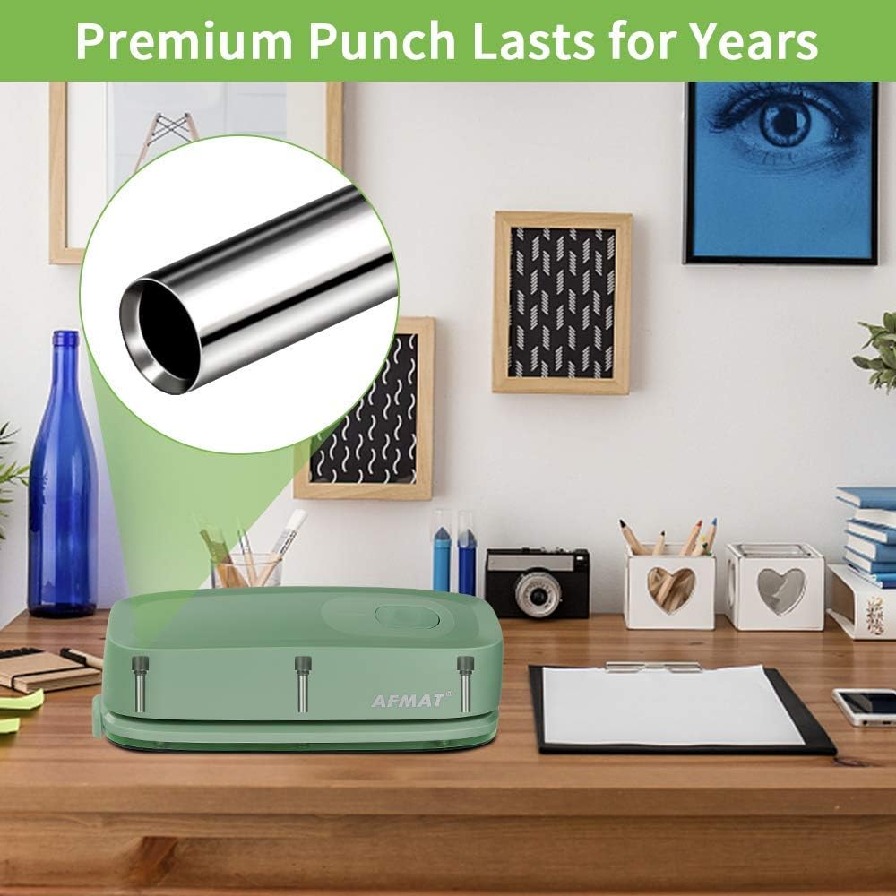 AFMAT 3 Hole Punch, Electric Three Hole Punch Heavy Duty, 20-Sheet Punch Capacity, AC or Battery Operated, Effortless Punching, Long Lasting Paper Punch for Office School Studio, Green, Model: HP10