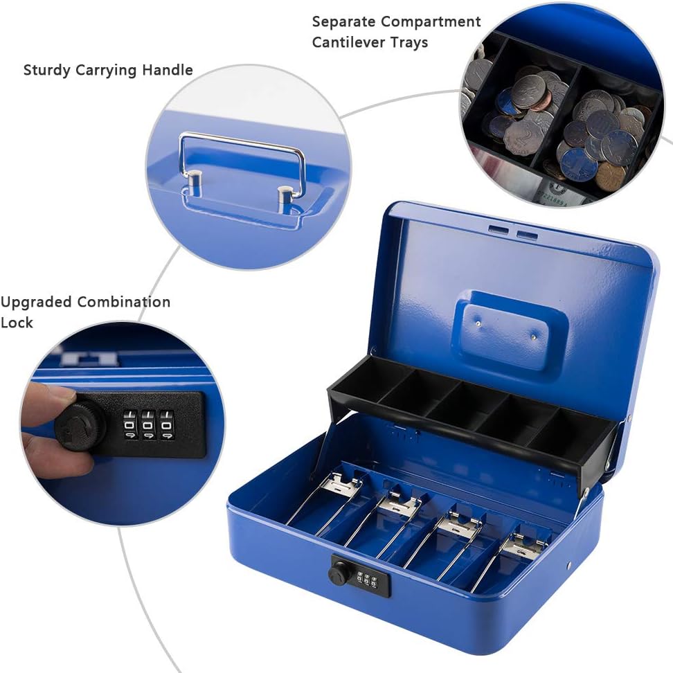 KYODOLED Large Cash Box with Combination Lock,Money Box with Cash Tray, Lock Safe Box with Key,Money Saving Organizer,11.81Lx 9.45Wx 3.54H Inches,Blue XL Large