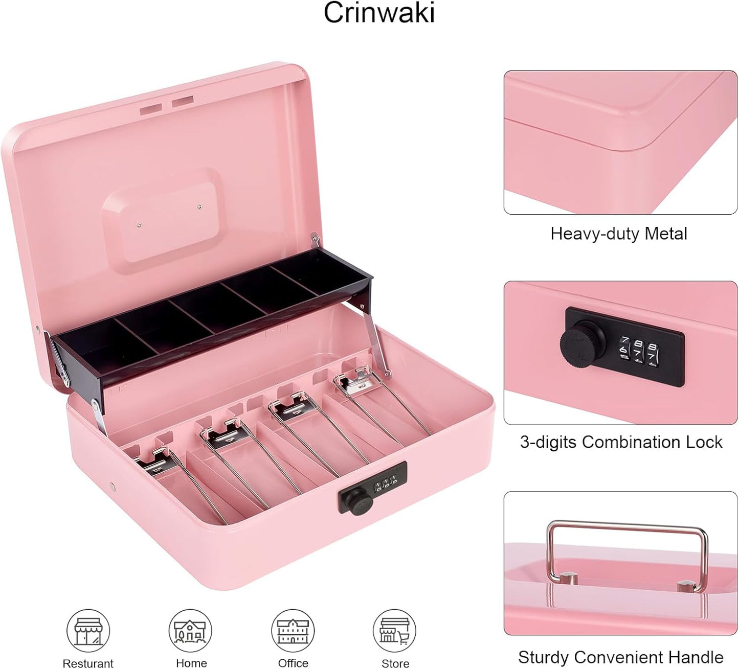 Cash Box with Money Tray and Combination Lock, Large Money Box for Cash Regiser, Safe Lock Box for Money Saving Metal 11.8"x9.45"x3.54" Pink XL Large
