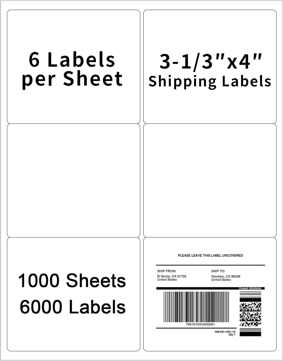3-1/3" x 4" Shipping Labels,Printable White 6 UP Label for Laser/Inkjet Printers,Self Adhesive 3 1/3 x 4 Matte Mailing Label Stickers(1000 Sheets, 6000 Labels)