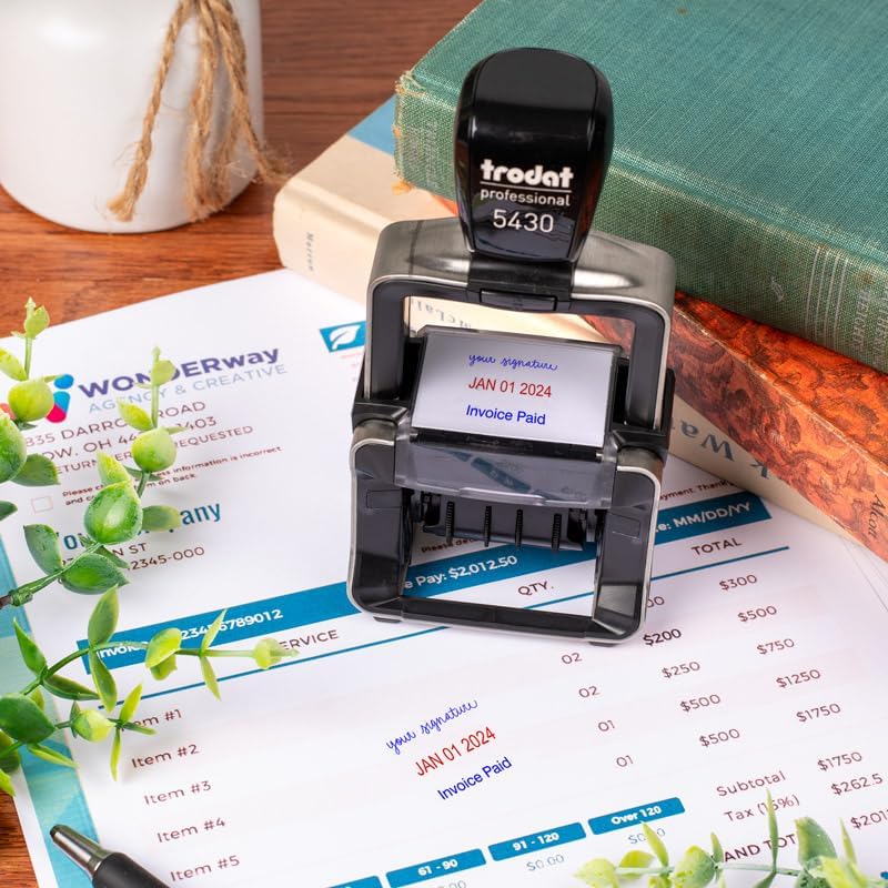 Custom Signature with Text Dater Stamp | Personalized Self-Inking Rubber Stamp with 10-Year Date Range | Blue and Red Ink Color | Professional Office Stamps