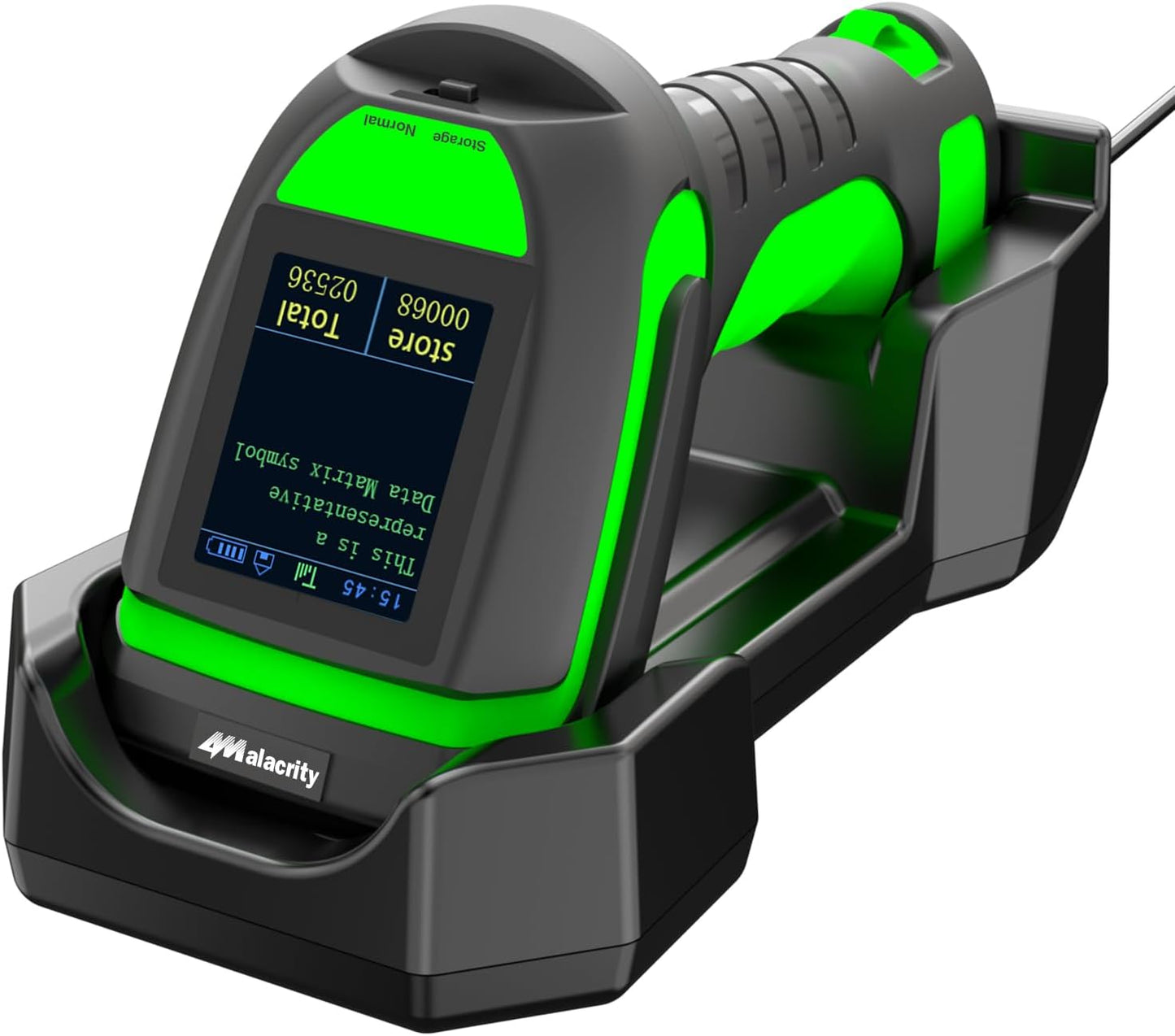Alacrity Industrial-Grade Bluetooth 433MHz Wireless 2-in-1 Barcode Scanner with Screen and Dock, Long-Range 1500m Connectivity for Retail, Warehouse, and Logistics.