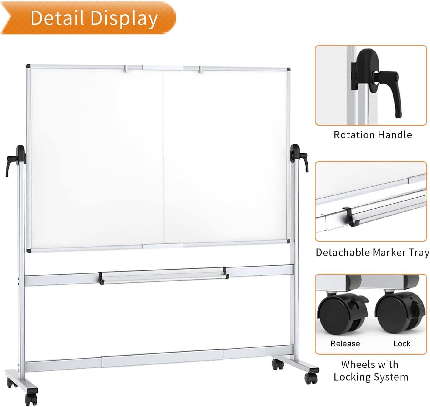 VIZ-PRO Double-Sided Mobile Whiteboard, 72 x 40 Inches, Magnetic Rolling Dry Erase White Board on Wheels with Aluminium Frame and Stand