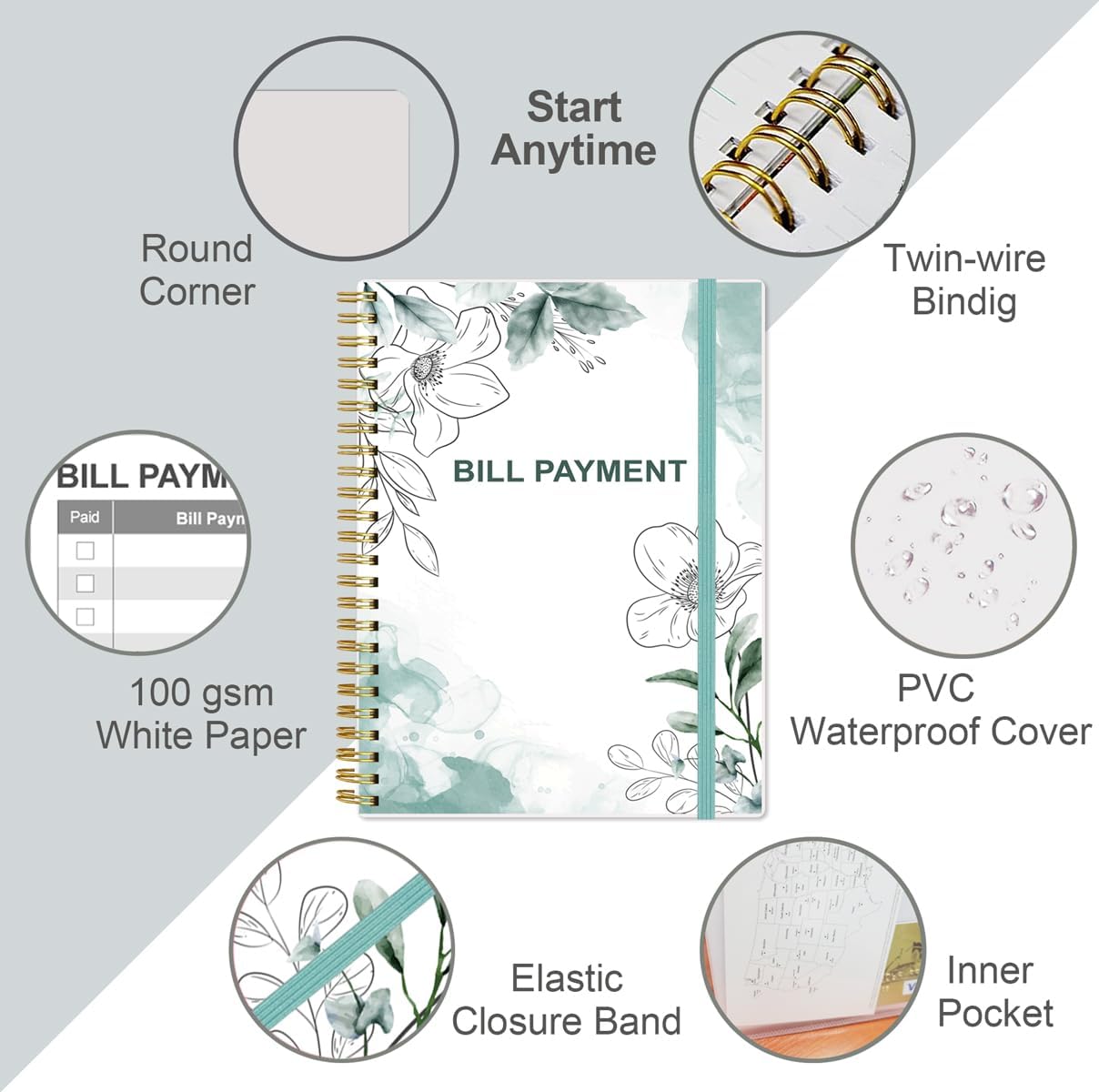 Bill Payment Tracker Notebook - Monthly Bill Organizer & Planner for Personal Budgeting Financial, Payments Checklist Organizer, 8" x 10.5", Teal Floral