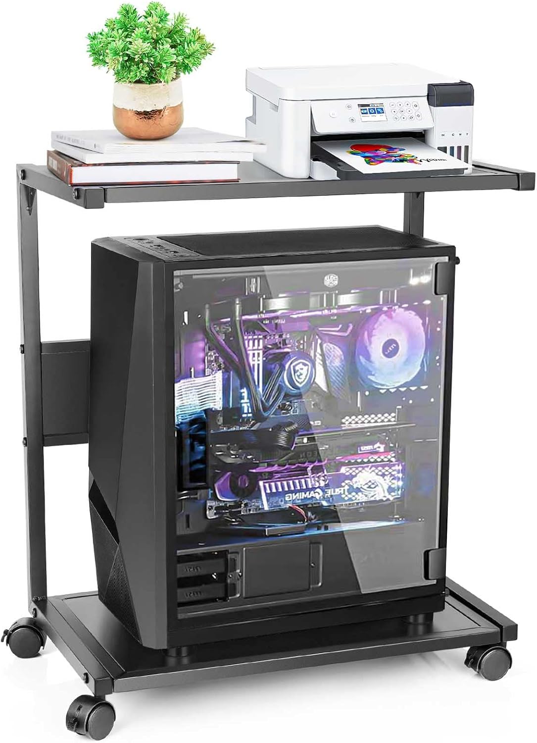 PC Stand Computer Tower Stand 2-Tier Metal CPU Holder with Locking Caster Wheels Suitable for Most PC (Black, L)