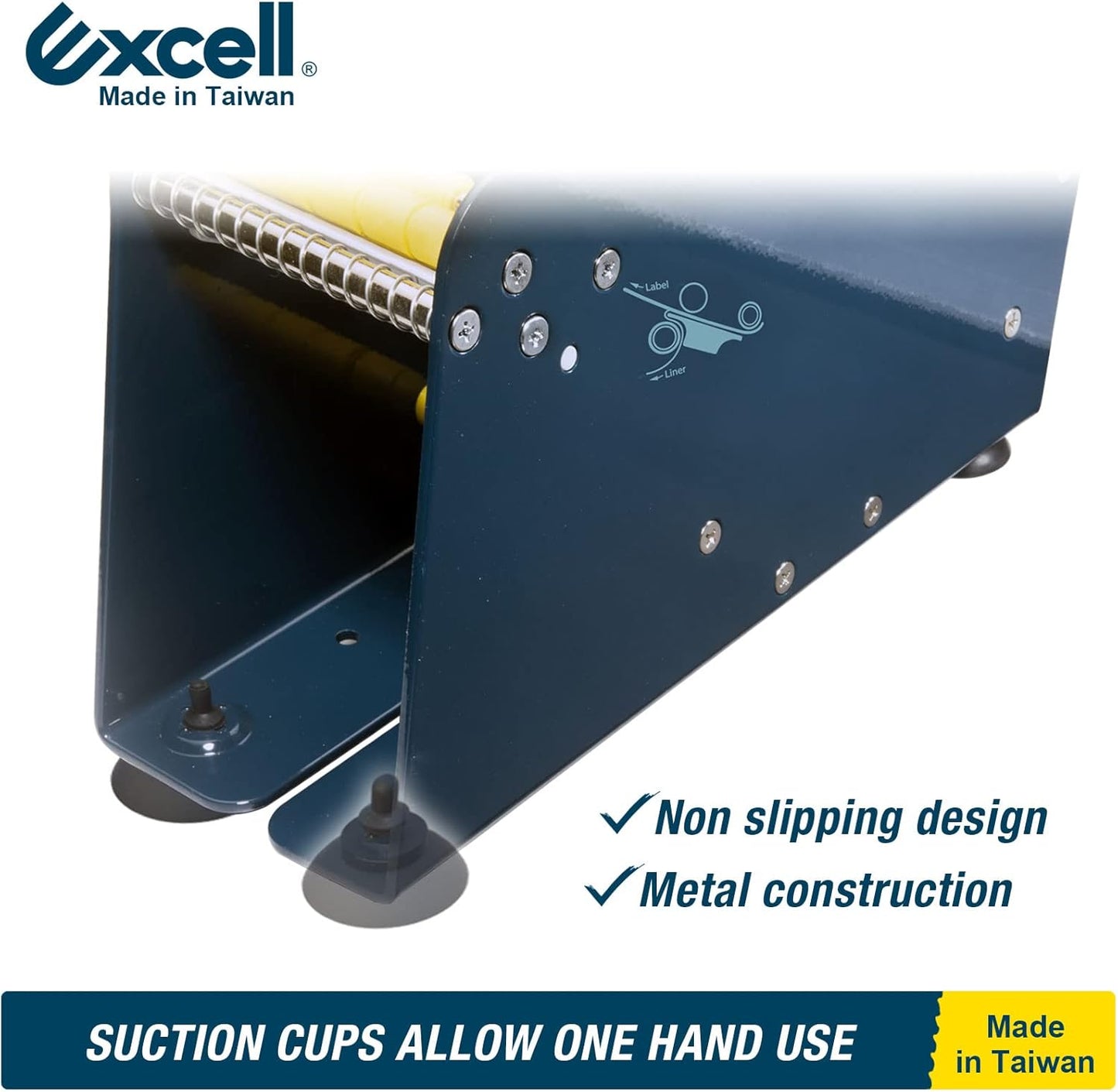 Excell LD-318 Manual Metal Label Dispenser for 3" Labels, Pull-and-Take Design, Non-Slip with 4 Suction Cups, Durable Metal Construction, Includes Dispenser (3" Wide, 3" Core)