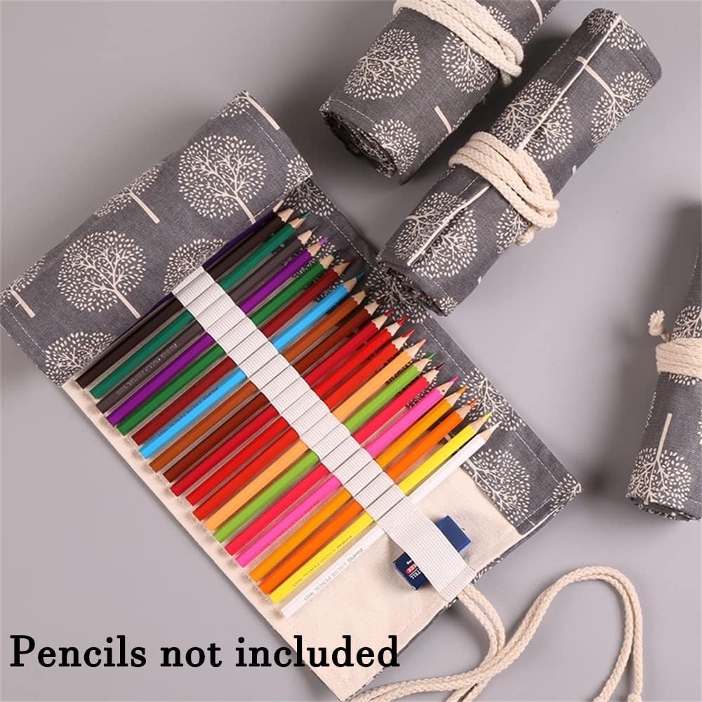 DIYOMR 24/36/72 Slots Pencil Wrap Pencil Rolls, Artist Colored Pencils Roll Up Bag Short Brushes Pouch Case Pencils Organizer for Drawing Coloring and Sketching (Trees, 36slots)