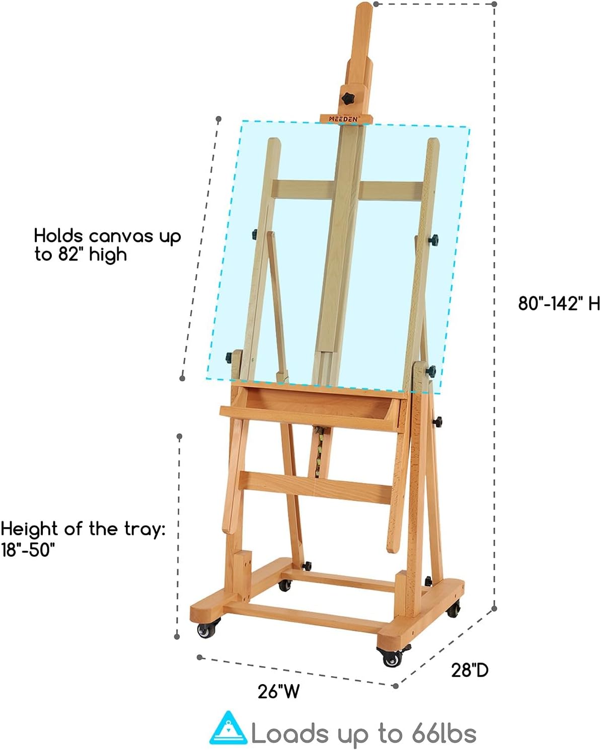 MEEDEN Extra Large Heavy-Duty H-Frame Studio Easel - Solid Beech Wooden Artist Professional Easel, Painting Art Easel Stand with 4 Premium Locking Silent Caster Wheels, Hold Max 82"