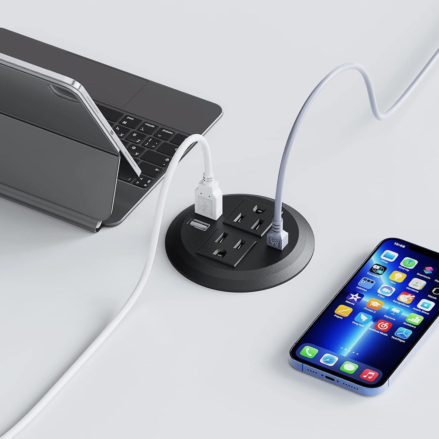 Desktop Power Grommet 3 inch, Desk Power Outlet Socket Recessed Power Strip with 2 AC Outlet & 2 USB Ports for Computer, Table, Kitchen, Office