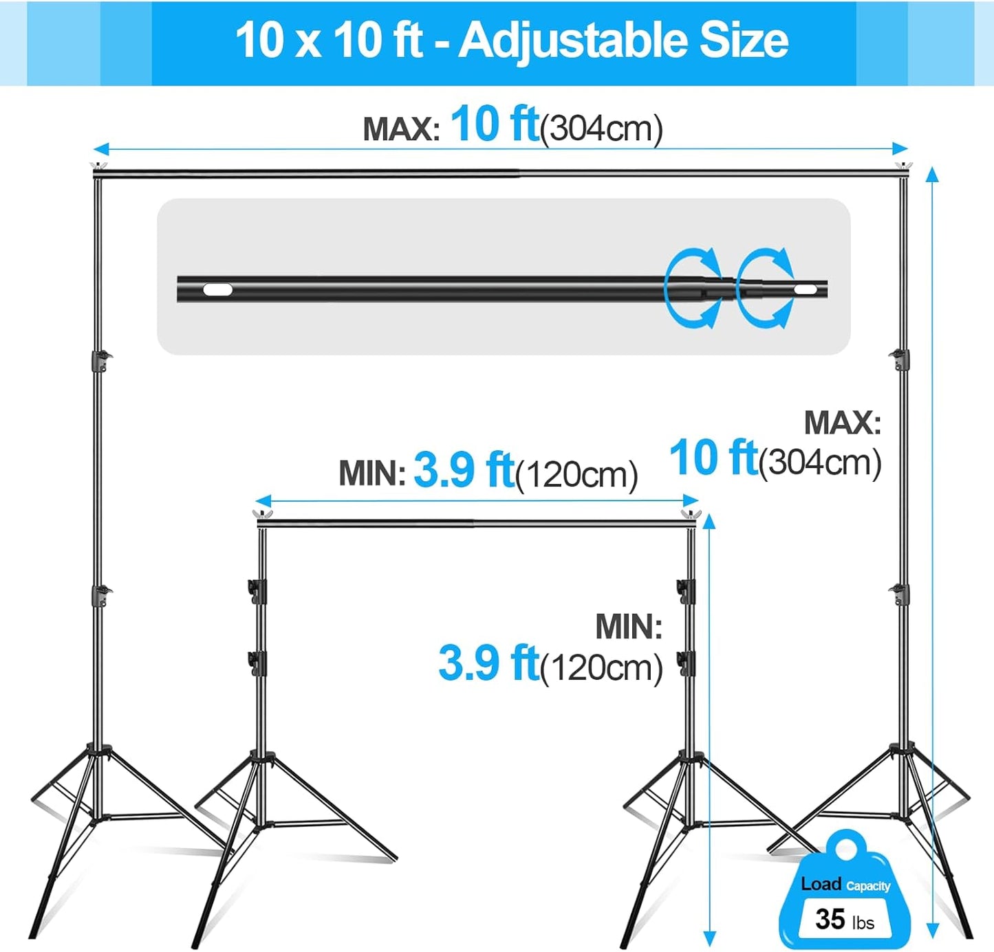 EMART 10 x 10 ft Photo Video Studio Heavy Duty Adjustable Backdrop Support System Kit, Muslin Background Stand with Carry Bag