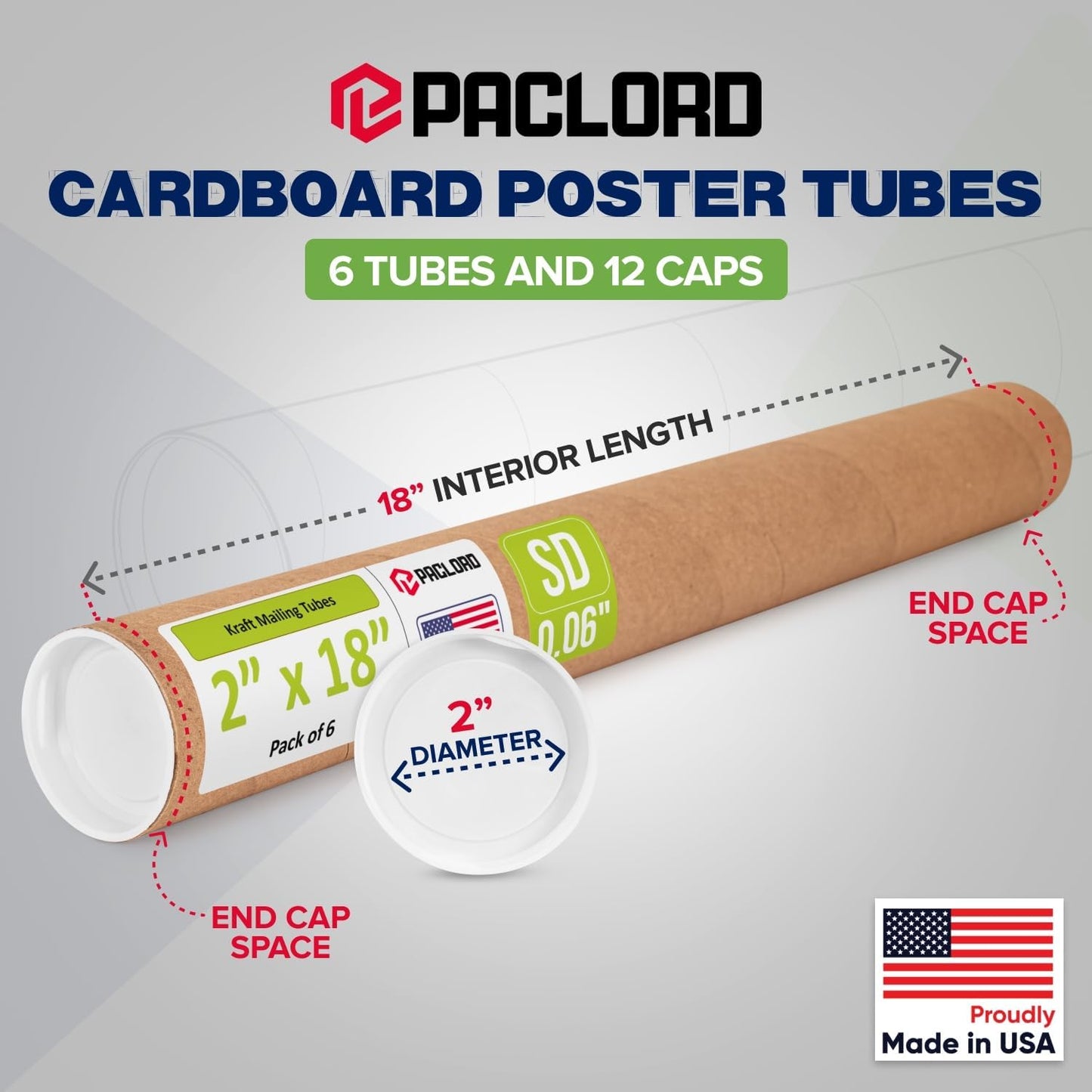 2" x 18" Reinforced Kraft Paper Mailing Tube, Pack of 6 Tubes with 12 Caps – Secure USPS Approved Poster Tube – Cardboard Tube for Shipping and Storing Posters, Prints, Artwork, or Documents