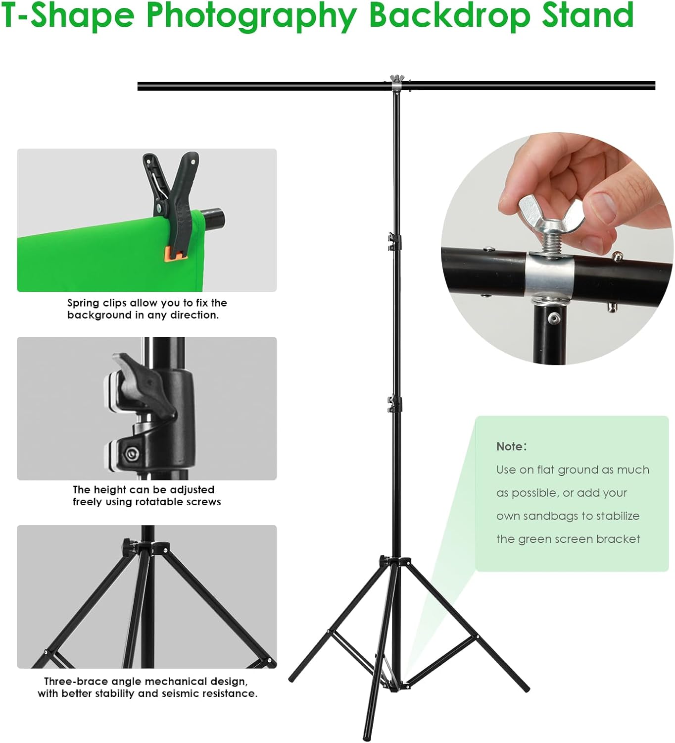 Green Screen Backdrop Kit, Portable Greenscreen Background with T-Shaped Stand, 5 Clamps & Carrying Bag for Photography, Streaming, Zoom, Gaming, (Green, 6.5 Feet X 5.0 Feet)