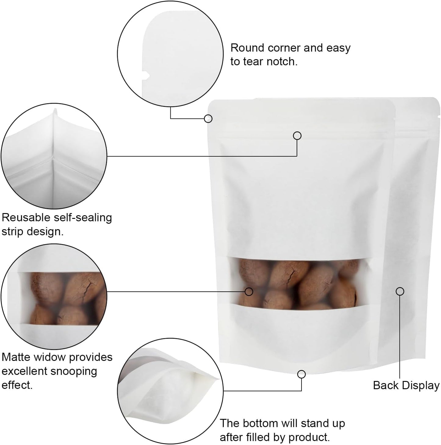 Blisstime 50 Pieces Resealable Bags for Small Business, White Kraft Paper Stand Up Pouches with Matte Window Reusable Heat Sealable Bags for Packaging (3.9 X 5.9 Inches)
