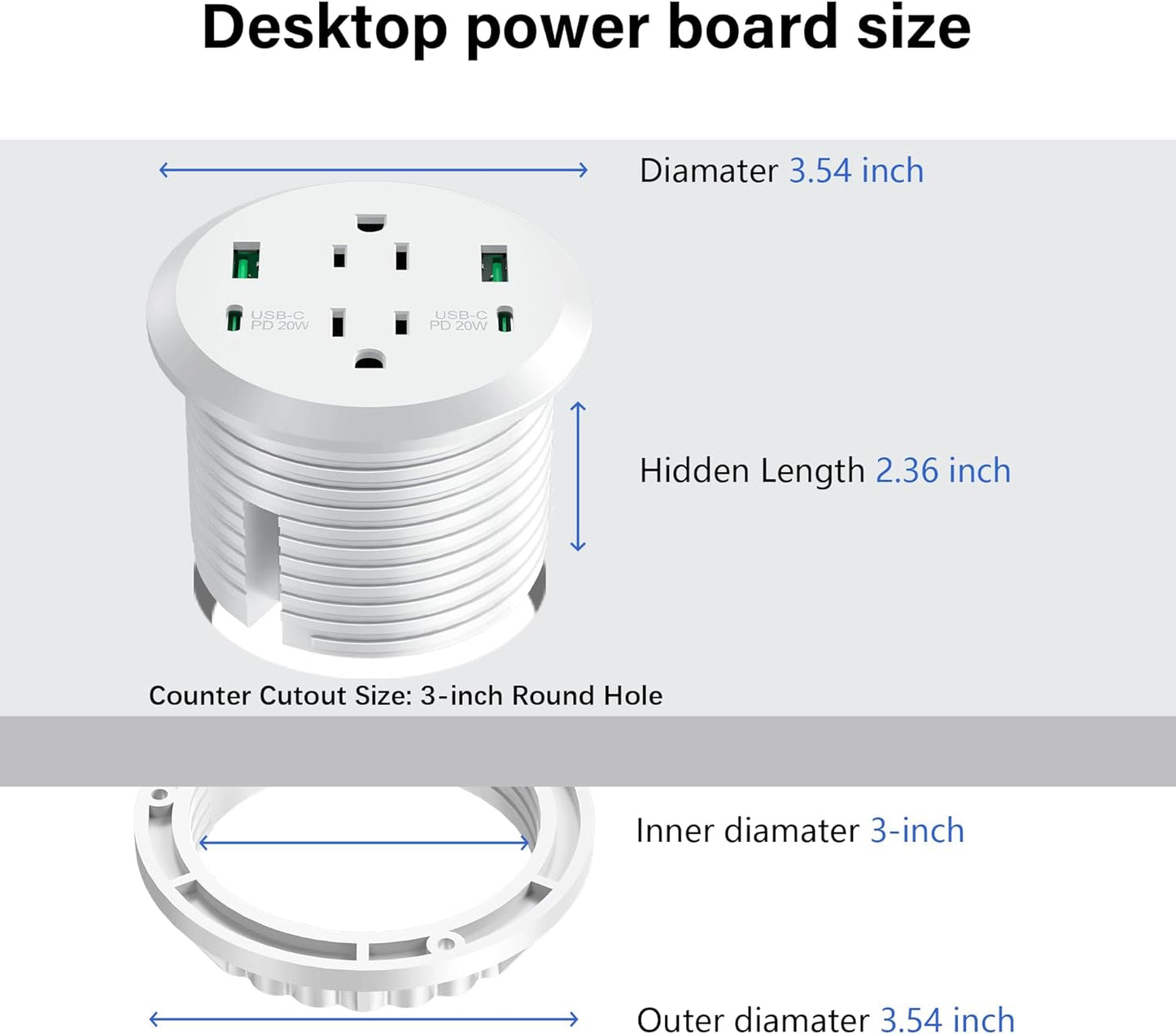 Desktop Power Grommet 3-inch Hole,40W Total Fast Charging Station, 2 PD 20W USB C Port,Flush-Mount Recessed Power Strip, 2 AC Outlets,4 USB Ports,in to The Top of Your Desk,6ft Cord