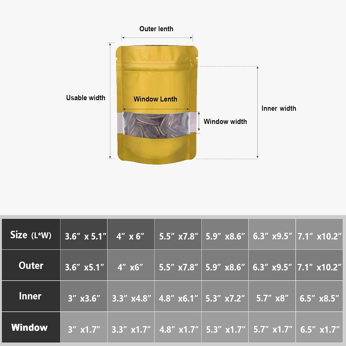 6.3"x9.5" 120pcs Mylar Bags for Food Storage,Smell Proof Bag with Matte Window Resealable Food Storage Bags for Small Business, Stand-up Foil Pouch Packaging Freeze Dried Candy Bag(Gold)
