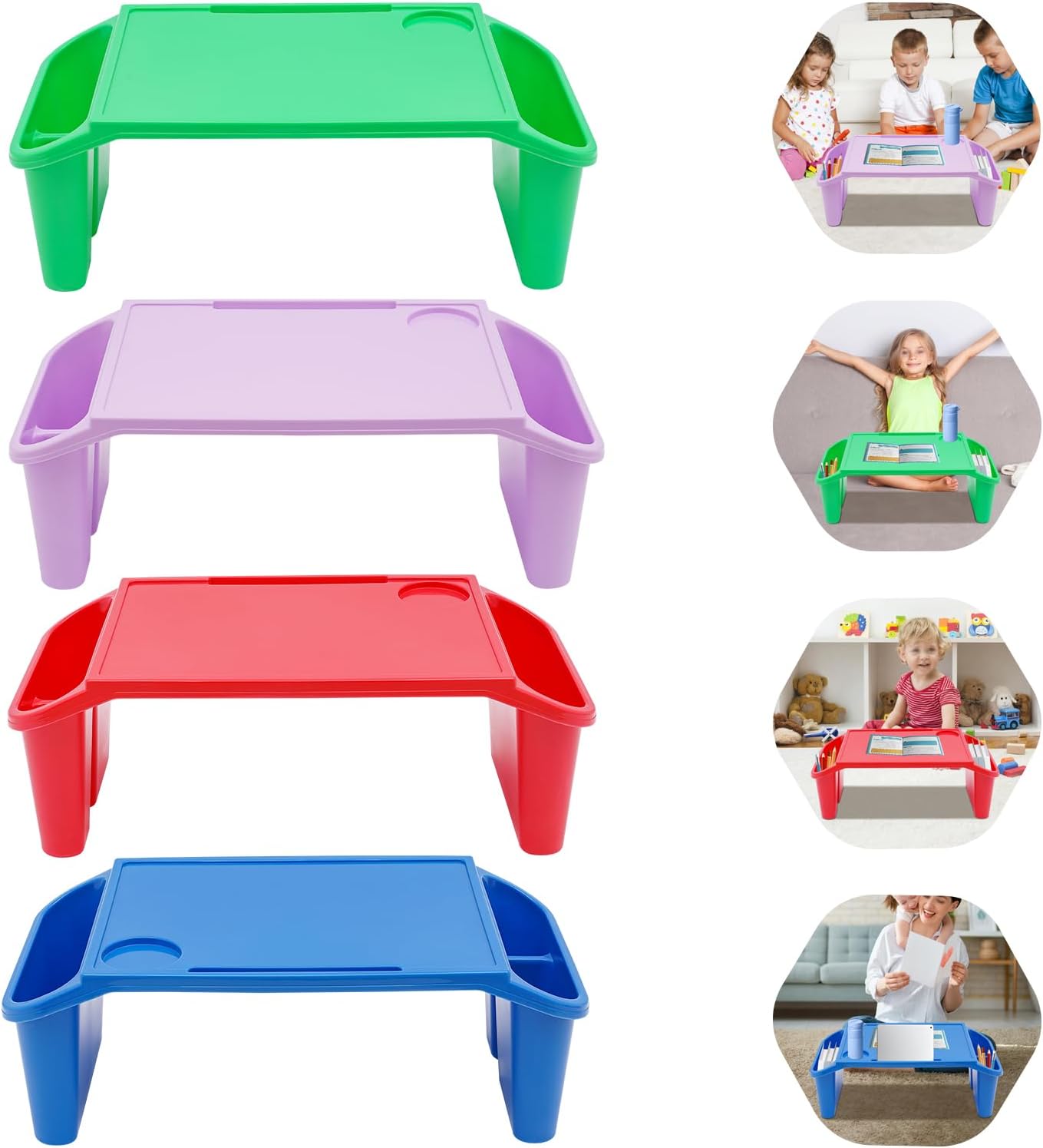 4 Pack Kids Lap Desk Tray with Storage Slots, Portable Lap Desk, Activity Tray, Plastic Breakfast Laptop Trays, Drawing, Stackable, Writing, Eating, Classroom, 21.65" L x 11.8" W x 8.46" H