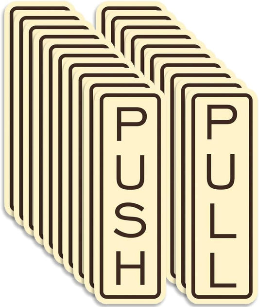 All Quality Classic Vertical Push Pull Door Signs - Great for Glass Doors | Professional Looking Signs | Easy Installation Includes Double-Sided Foam Adhesive Tape (Ivory/Brown) - Medium (10 Pack)