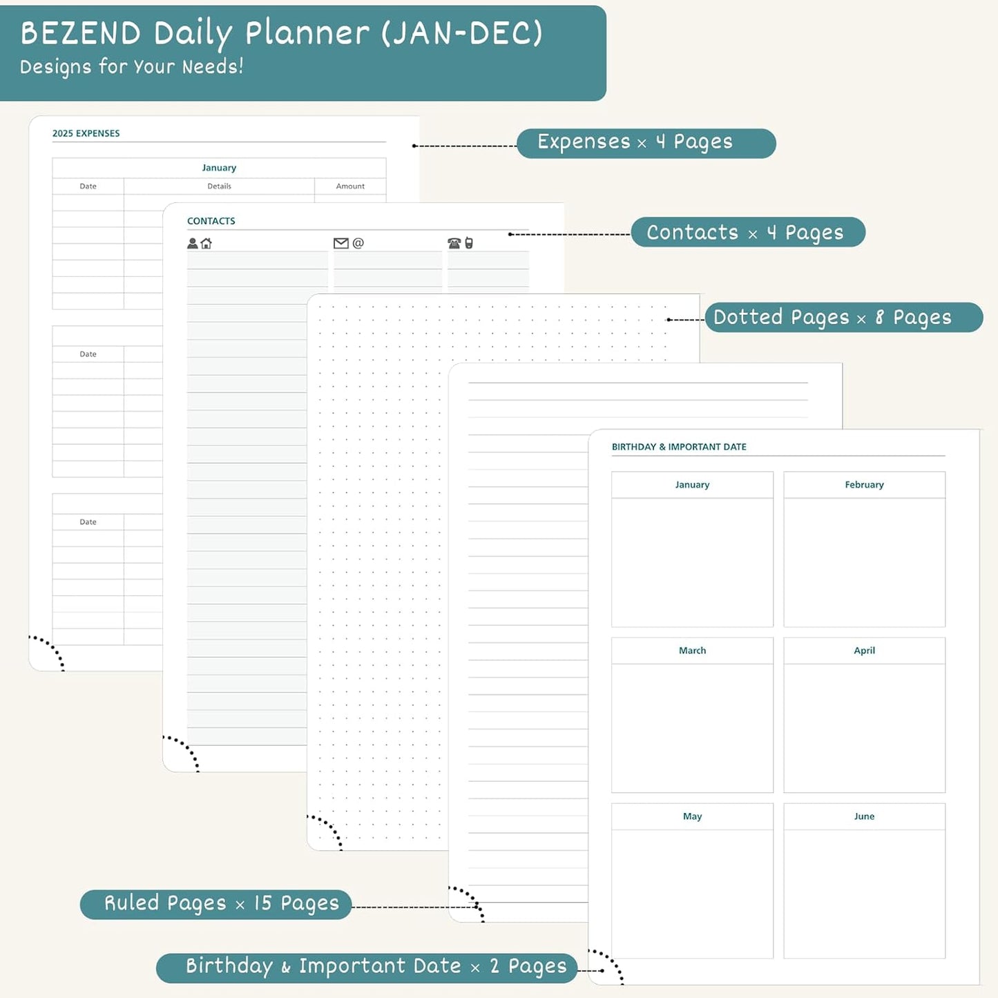 BEZEND Daily Planner 2026 (6" x 8.5") Full Page per Day Even Weekend (Jan-Dec) Monthly Calendar with Tabs, 2 Columns for Dual Schedule with Note, Vegan Leather Hardcover in Black