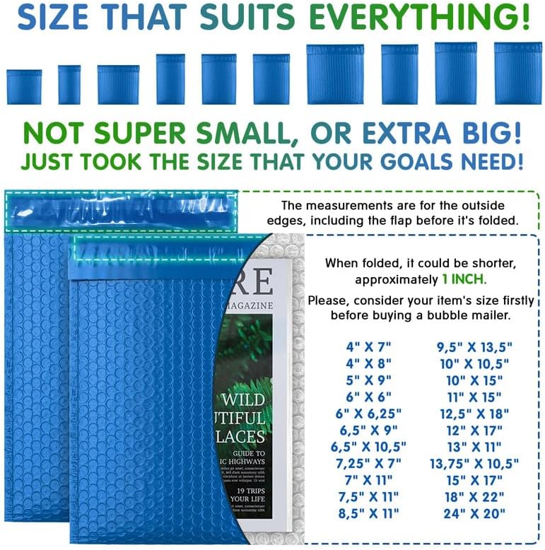 Blue Poly Bubble Mailers 5 x 9 Inch. Pack of 250 Padded Envelopes Waterproof. Self Seal Padded Mailers with Durable Seams. Lightweight Padded Shipping Envelopes for Mailing Fragile Things