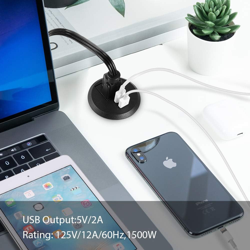 Desktop Power Grommet,2inch Hole Table Power Grommet Outlet with 2 USB Charging Ports,6.5ft Extension Cord Desk Power Strip with 1 Outlets for Computer,Table, Kitchen, Office,Home,Hotel and More