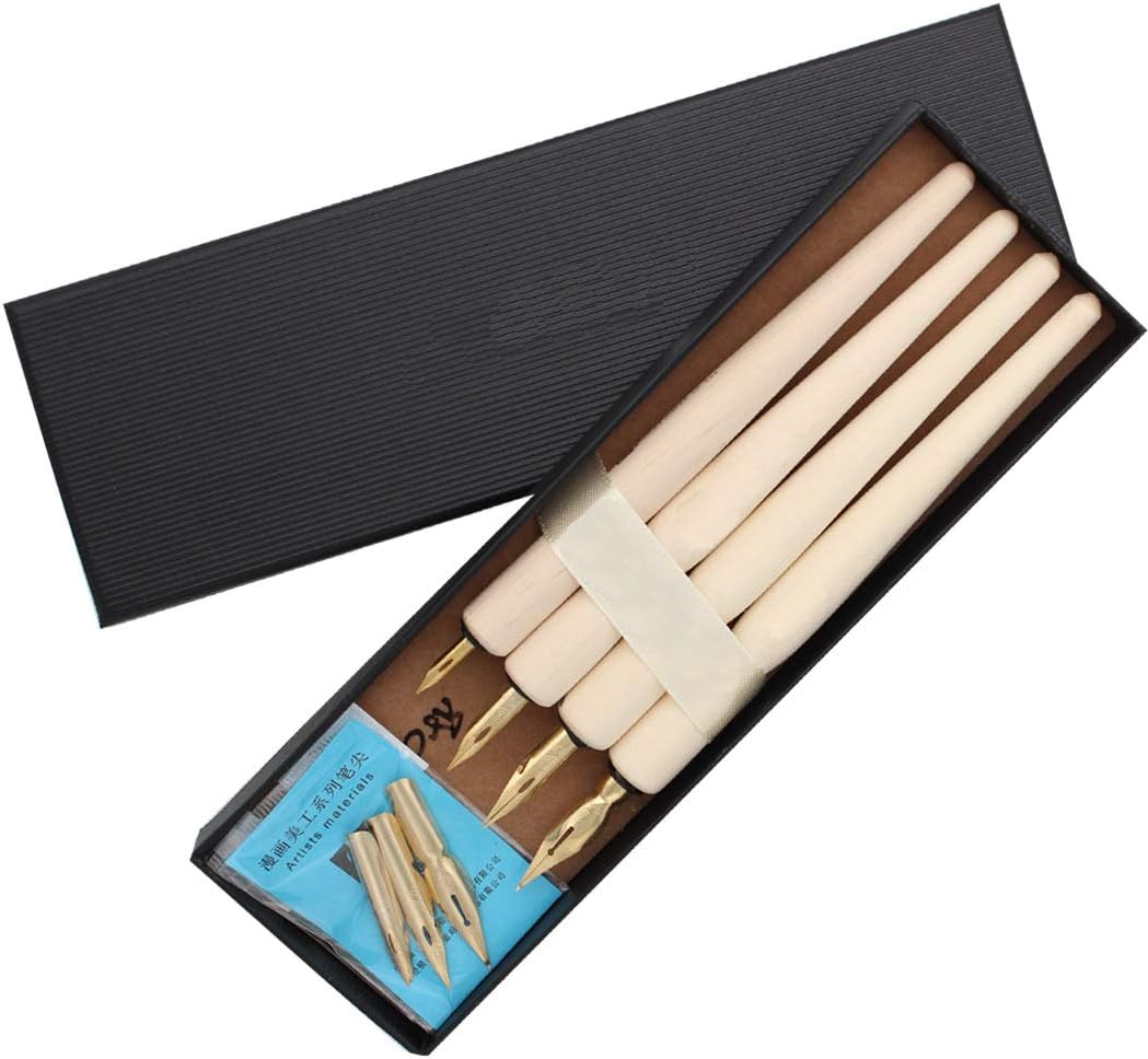 Wooden Professional Manga Pen Dip Pen Set with 4 Nibs Manga Cartoon Comic Drawing Painting Kit - 4 Pcs