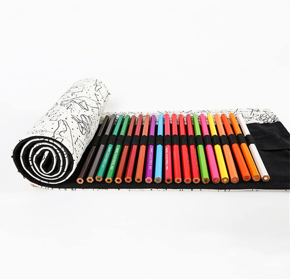 DIYOMR 24/36/72 Slots Pencil Wrap Pencil Rolls, Artist Colored Pencils Roll Up Bag Short Brushes Pouch Case Pencils Organizer for Drawing Coloring and Sketching (White Starry Sky, 24slots)