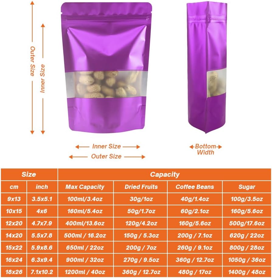 4CP 100 Pcs Zipper Smell Proof Bags with Window, 3.5x5.0 Inch Stand Up Foil Pouches for Food Selfsealing Storage, Reusable Bag for Packaging Small Business, Cookies, Nunt, Candy Purple