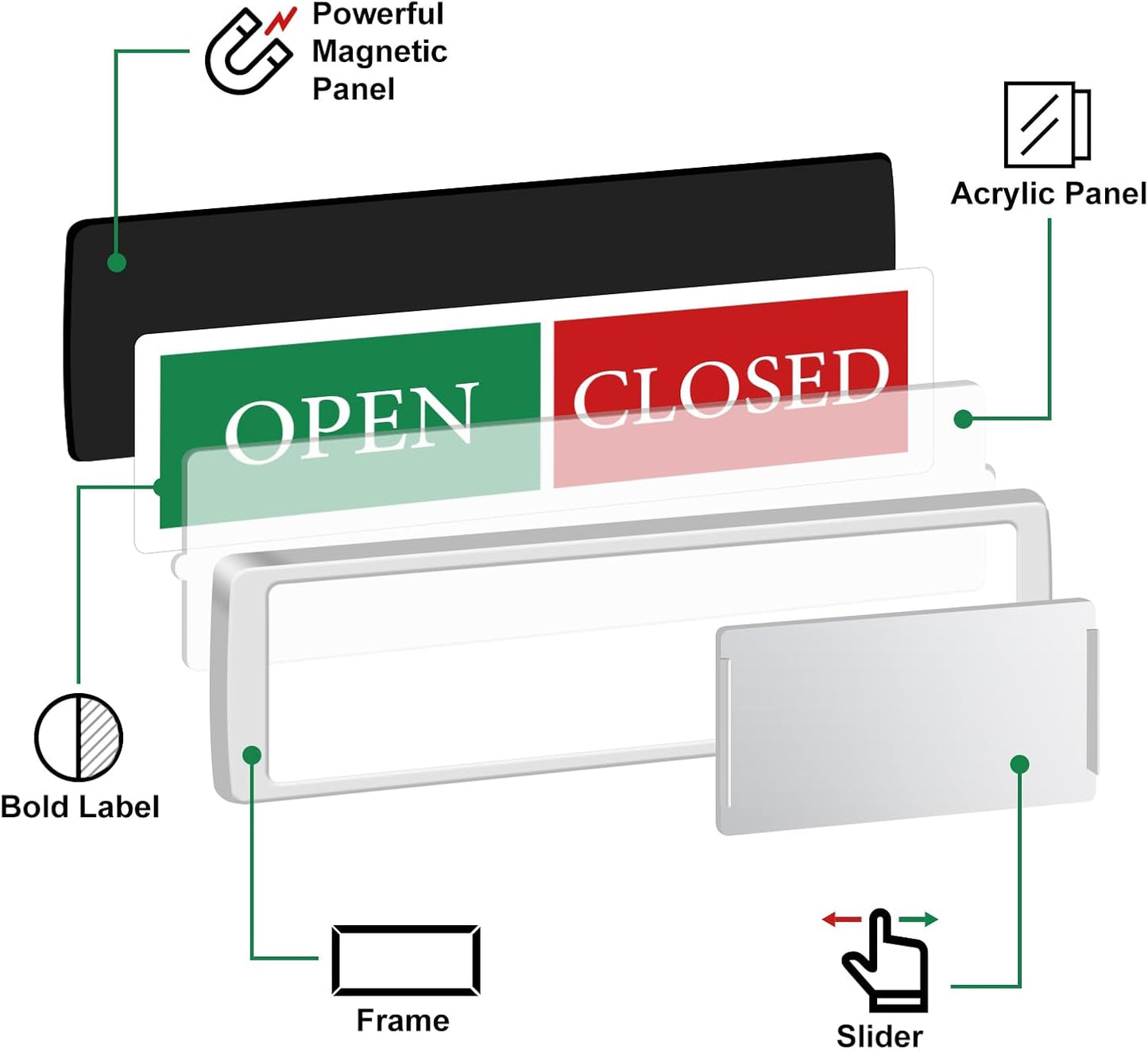 Open Closed Signs for Business，Privacy Slider Indicator Door Sign for Storefront, Restaurants, Office, Library, Gym, Hotel & Community Center-Silver