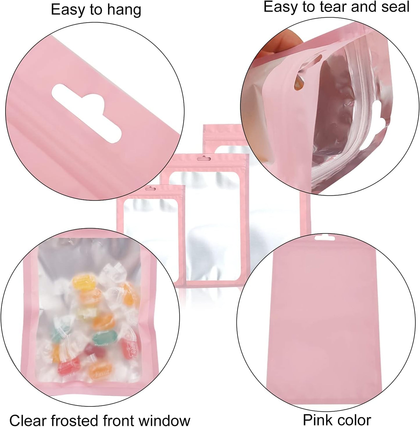300 Pack 3 Sizes Resealable Mylar Bags Food Storage Smell Proof Bags with Front Window Packaging Pouch for Sample Snack Cookies Jewelry (Pink, 3 x 4.7 inch,4 x 6 inch,4.7 x 7.9 inch)