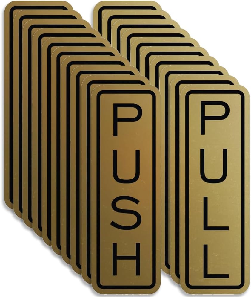 All Quality Classic Vertical Push Pull Door Signs - Great for Glass Doors | Professional Looking Signs | Easy Installation Includes Double-Sided Foam Adhesive Tape (Brushed Gold) - Large (10 Pack)