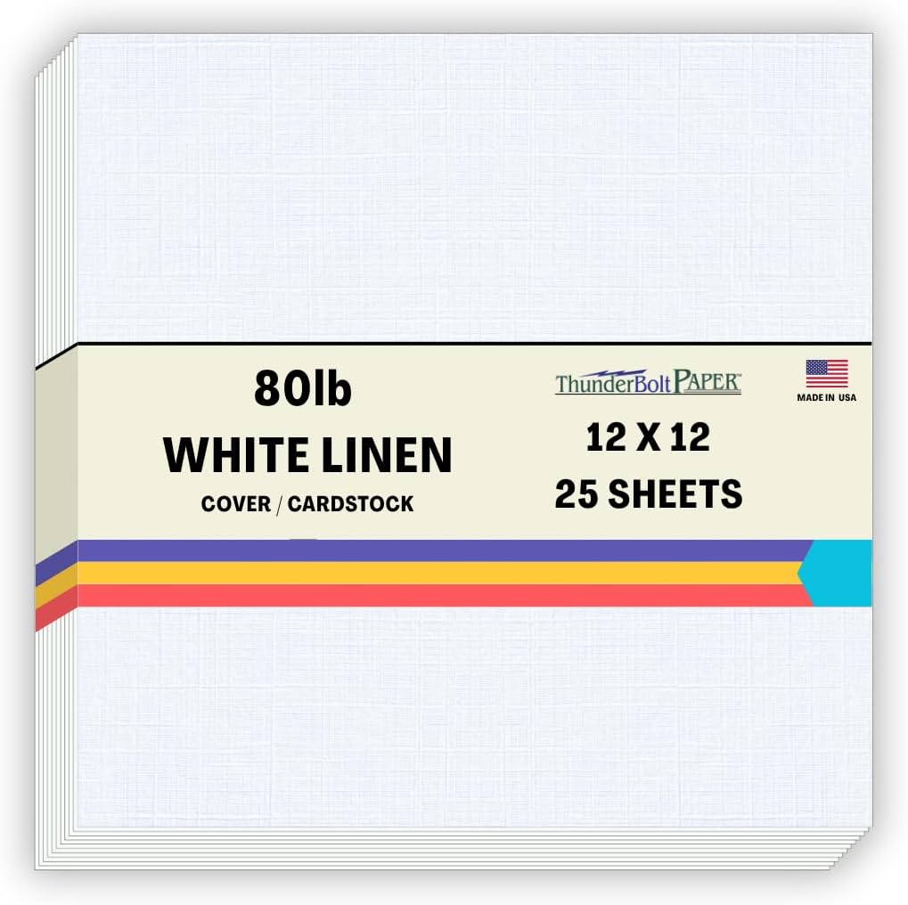 25 Bright White Linen 80# Cover Paper Sheets - 12X12 Inches Square Scrapbook Album Size - 80 lb/pound Card Weight - Fine Linen Textured Finish Cardstock