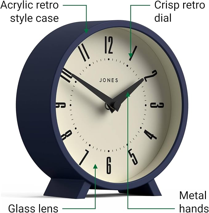 JONES CLOCKS® Venus Desk Clock | Modern Round Design | Blue | Stylish Retro Look - Image 5