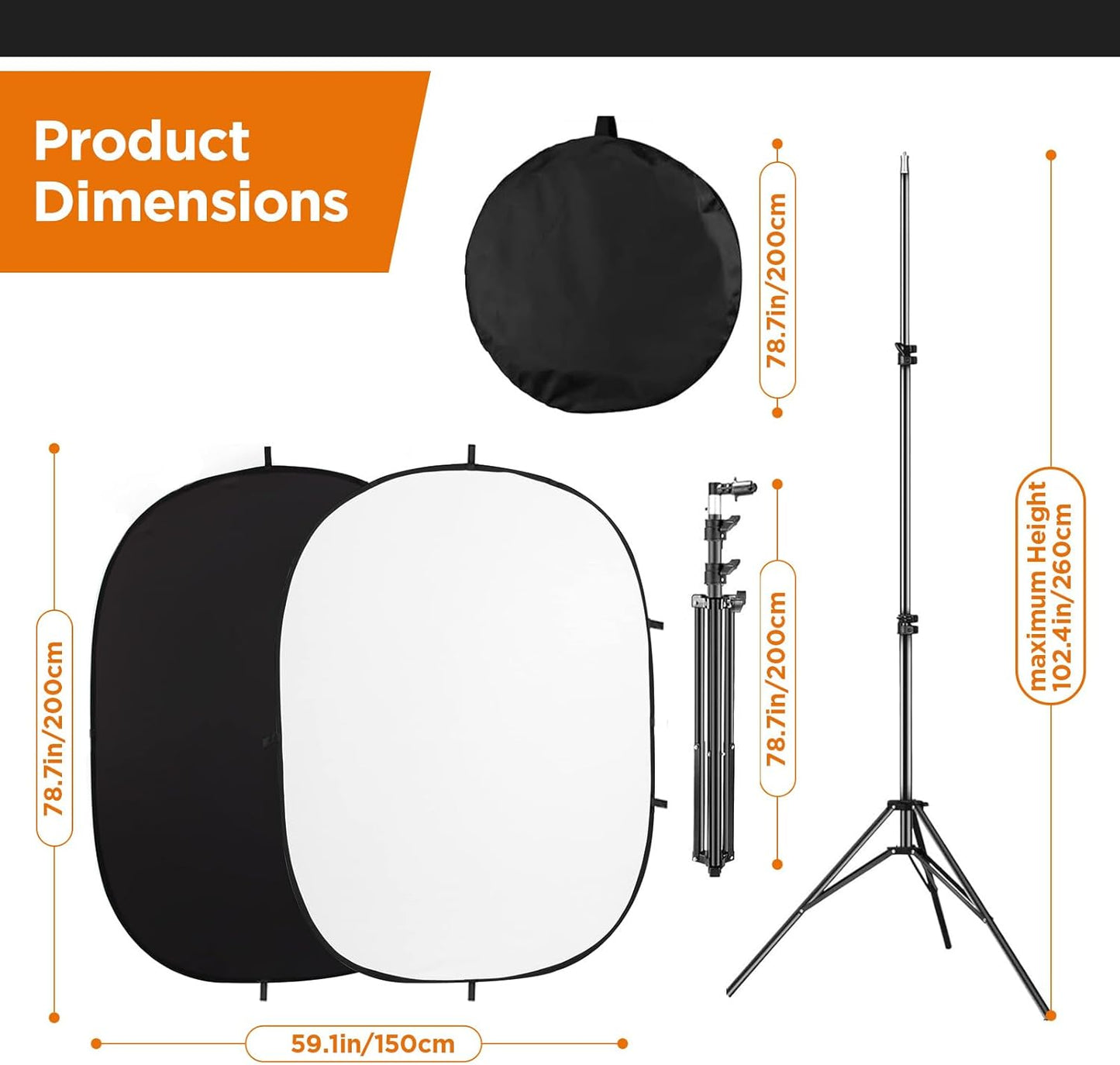 Portable Chromakey Black and White 2-in-1 Foldable Pop-Up Backdrop with Stand, 150 x 200 cm Foldable Panel for Photo, Video, Live Stream, etc. (Black & White)
