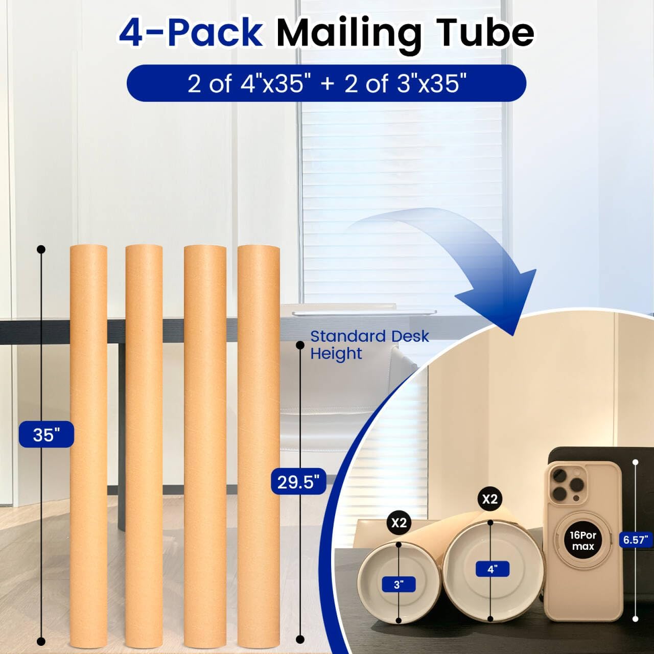 4-Pack Mailing Tubes with Caps, Paper Cardboard Storage Tubes for Shipping, Prints, Documents, Crafts & Golf Clubs (4in*35in, 3in*35in)