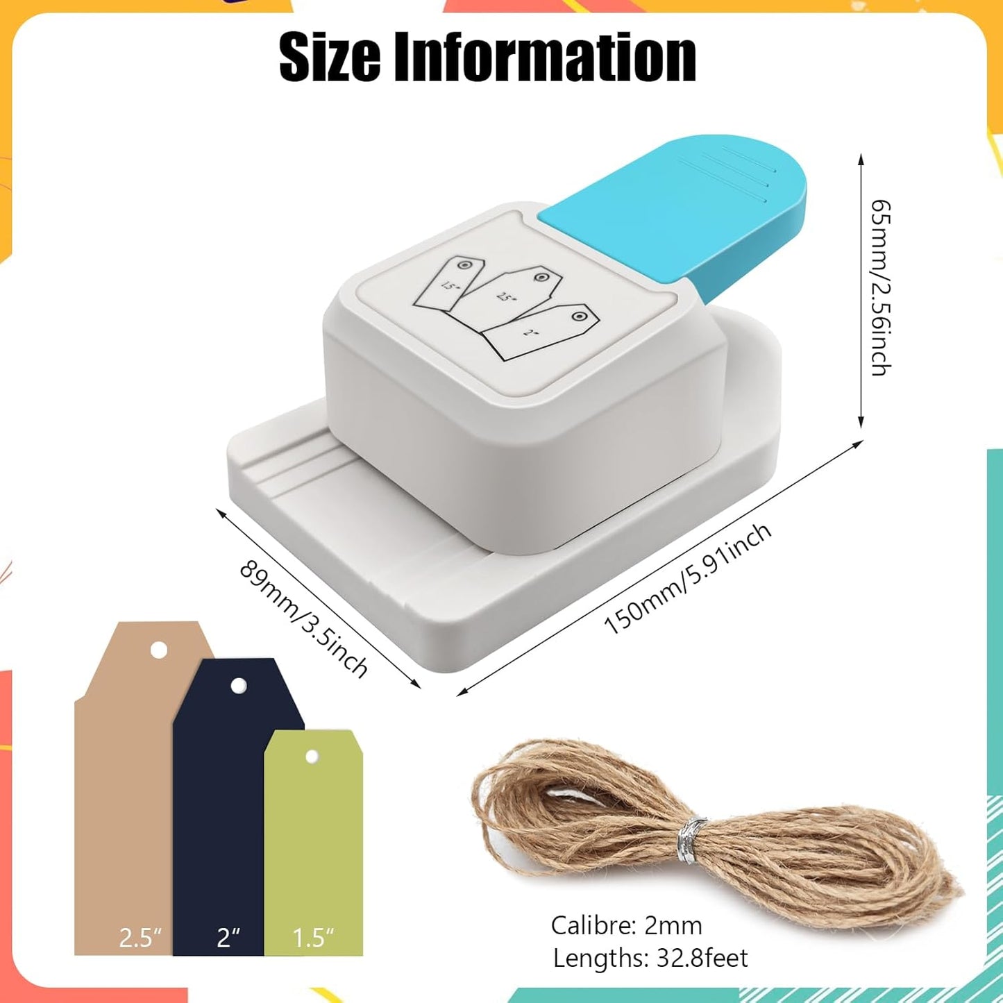 3 in 1 Craft Tag Punch Gift Tag Paper Punch，Paper Craft Tag Punch 1.5" 2" 2.5" with 1 Roll Hemp Rope 32.8 Feet Square Shape Small Hole Punch for Paper Crafting Scrapbooking Cards DIY Arts Crafts