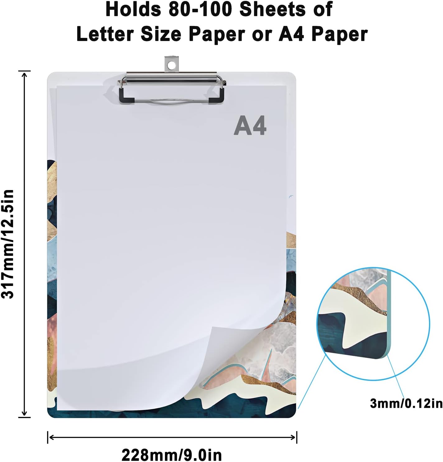 Cute Clipboard Wood Design Decorative A4 Letter Size Clip Boards for Classroom Office, Standard Size 9" x 12.5" with Low Profile Metal Clip - Abstract Scenery