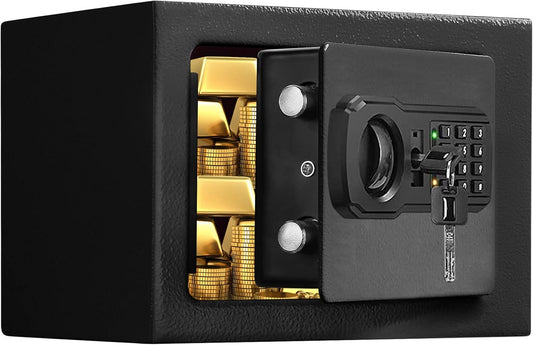 Small Mini Fire Safe Box for Home, 0.3 Cubic Feet Medication Lock Box, Security Money Safes with Digital Keypad, Spare Keys, Dorm Room Safe for Money, Jewelry, ID Documents