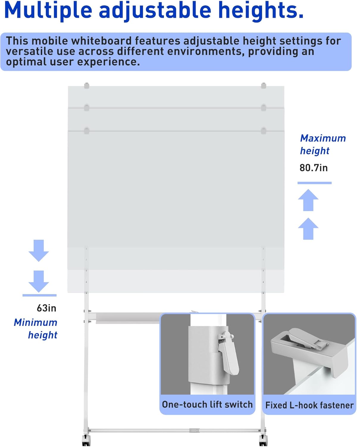 Mobile Glass Whiteboard, 48 x 36 inch Glass Board/w Height Adjustable, Large Portable Dry Erase Board with Stand and Wheels for Home, Office,Classroom &School, White