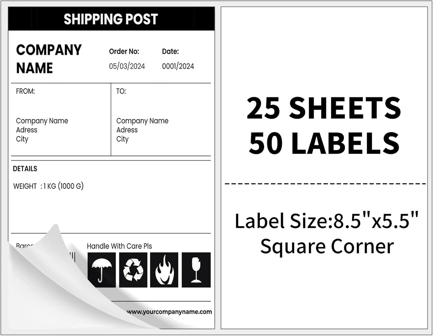 25 Sheets 50 Labels Half Sheet Self Adhesive Shipping Labels for Laser & Inkjet Printers,8.5" x 5.5" Shipping Mailing Label,White