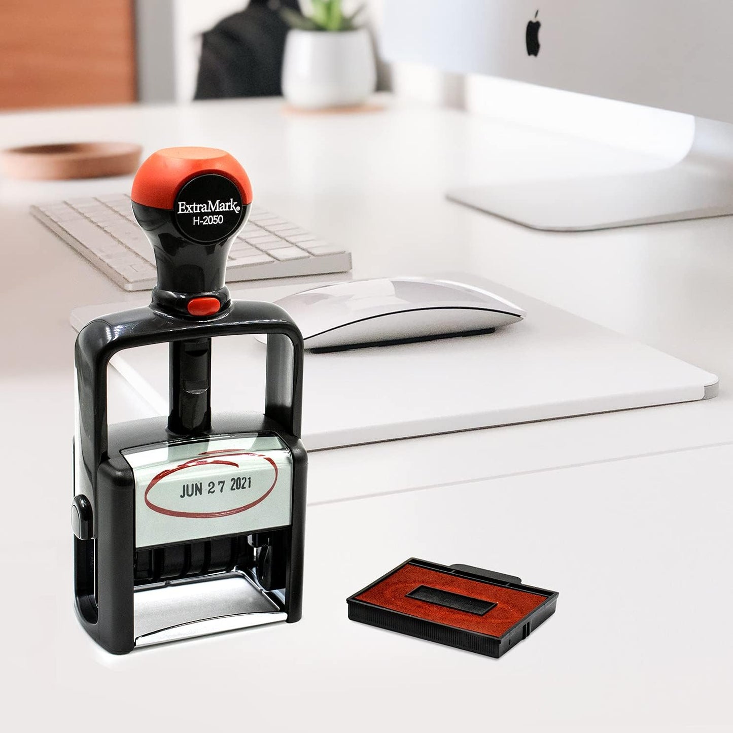 Heavy Duty Office Date Stamp - Brush Stroke Design - Self Inking Dater - Red Ink Color