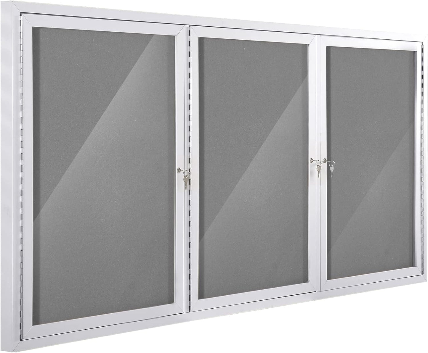 SWANCROWN Weather Resistant Enclosed Bulletin Board Gray Fabric Displays Boards Wall Mounted Notice Cabinet with Three Locking Doors, 70x36 inches