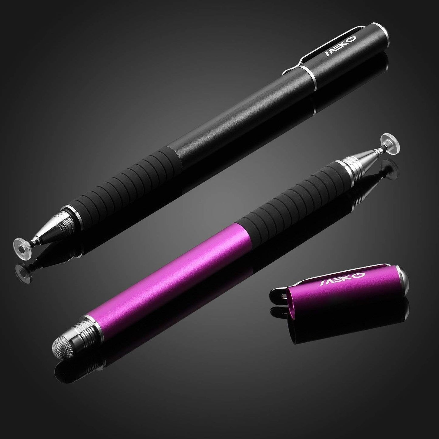 MEKO(2 Pcs) [2 in 1 Precision Series] Disc Stylus/Styli for All Touch Screen Devices Bundle with 4 Replaceable Disc Tips, 2 Replaceable Fiber Tips - (Black/Purple)