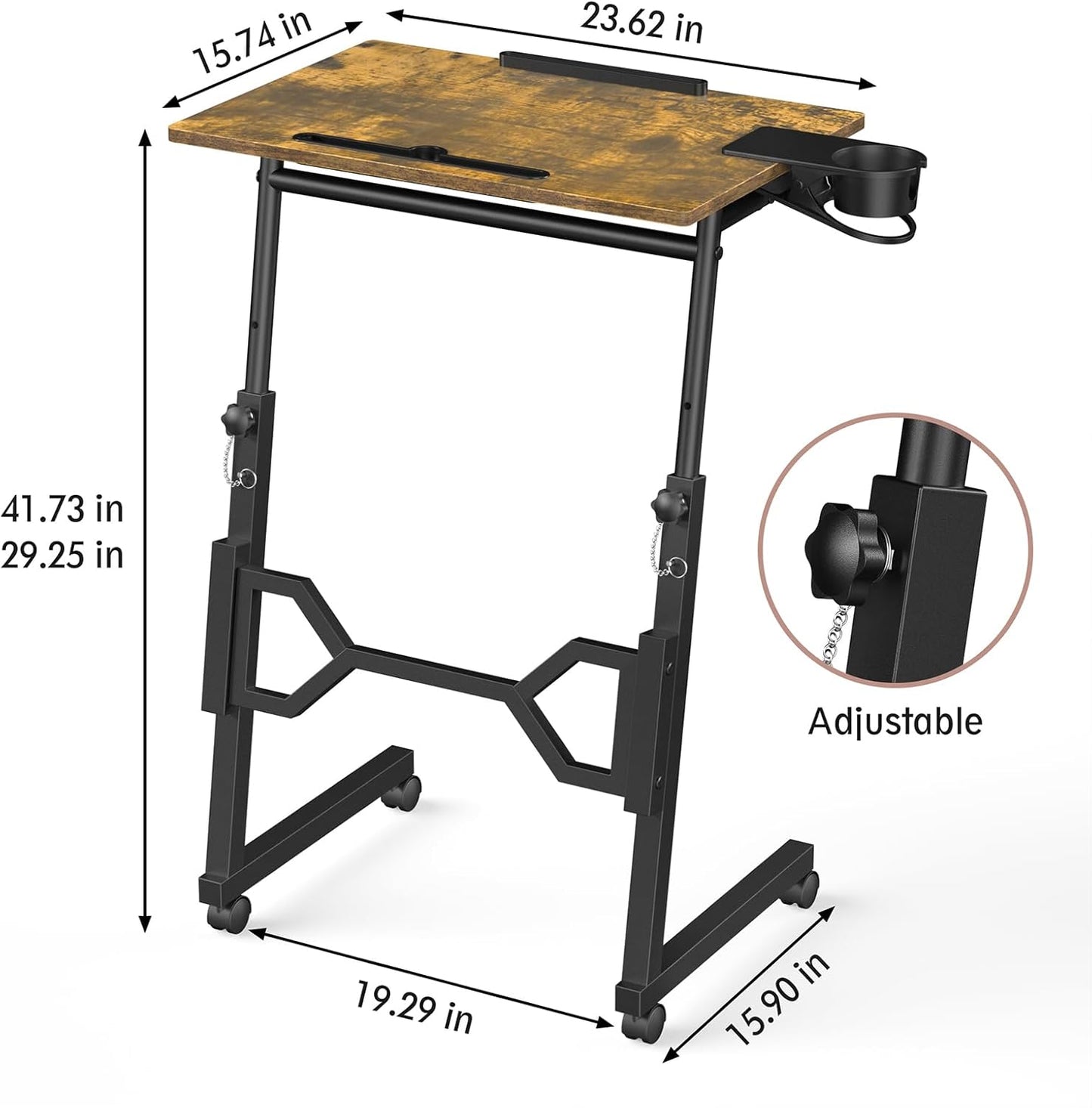 Small Standing Desk with Wheels, Portable Treadmill Desk, Rolling Desk Adjustable Height for Laptop, Mobile Standing Table for Walking Pad, Bedside Table