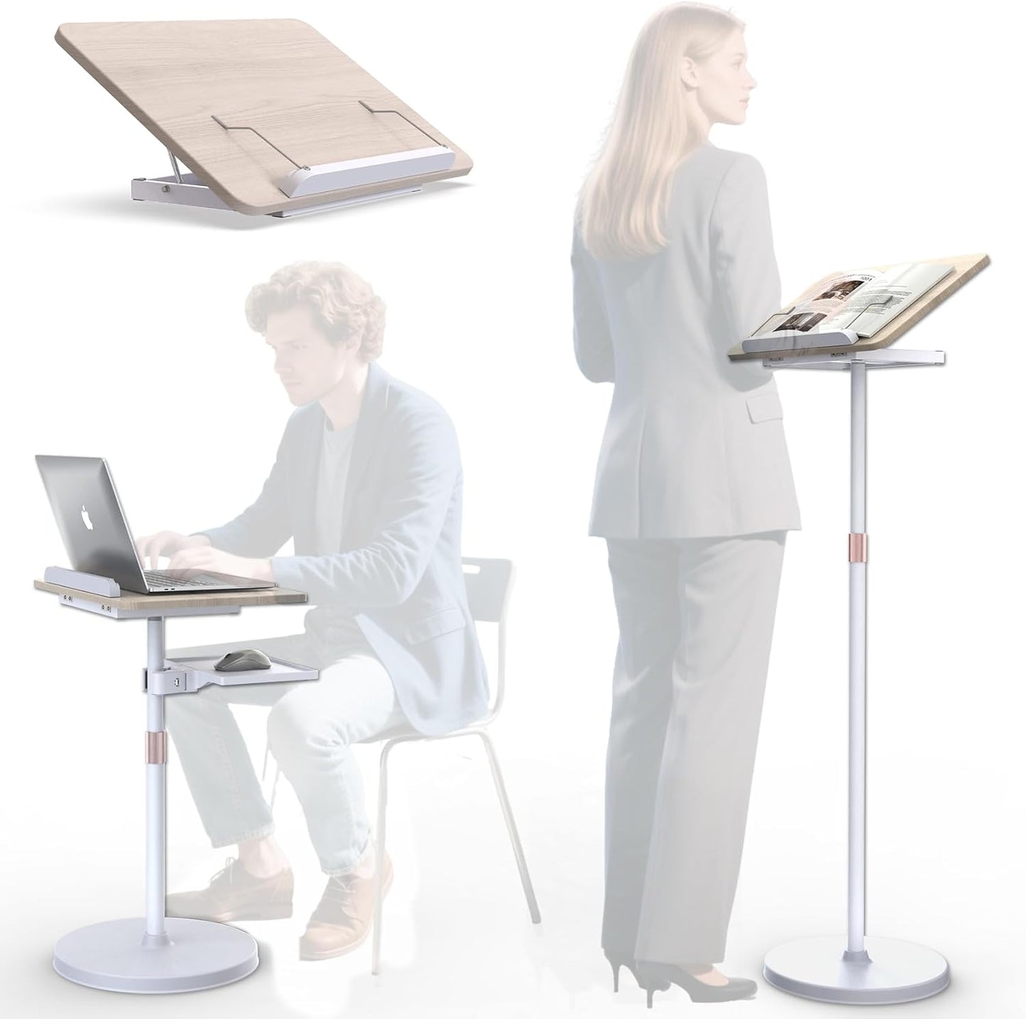 Lectern Podium Stand - Dual-Use Floor and Desktop Book Holder Stand, Height Adjustable Podium Lectern for Church, Weddings,Speech,Classroom,Speech-White