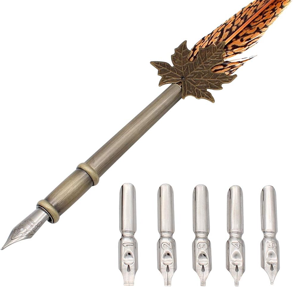Gullor Quill Handcraft Feather Dip Pen Stem Metal Nib Pen Writing Quill with 5 Extra Nibs, Style A