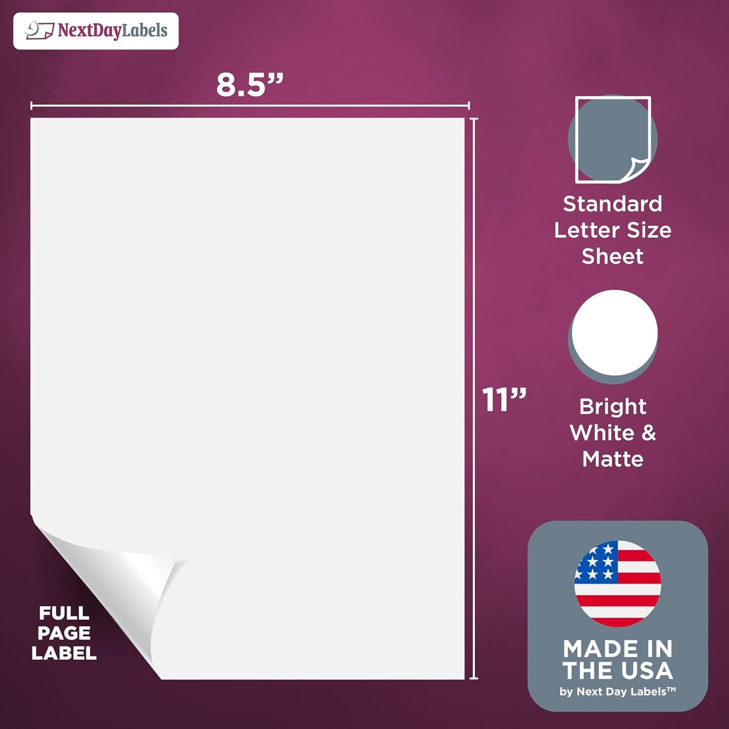 NextDayLabels - Full Page Labels 8.5 x 11 - White Shipping Labels - 8.5 x 11 Label Paper for Printer - Large Blank Matte Sticker Printer Paper - Laser/Inkjet Printer Labels (1 Per Sheet, 500 Labels)